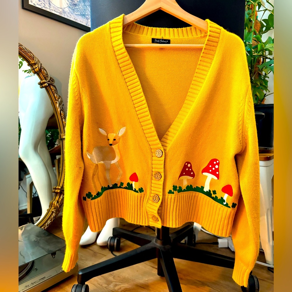 Retro inspired cardigan w/ embroidered mushroom, deer detail & wooden buttons 2X